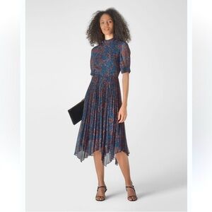 Whistles Pleated Multicolour Outline Flower Midi Dress sz 4